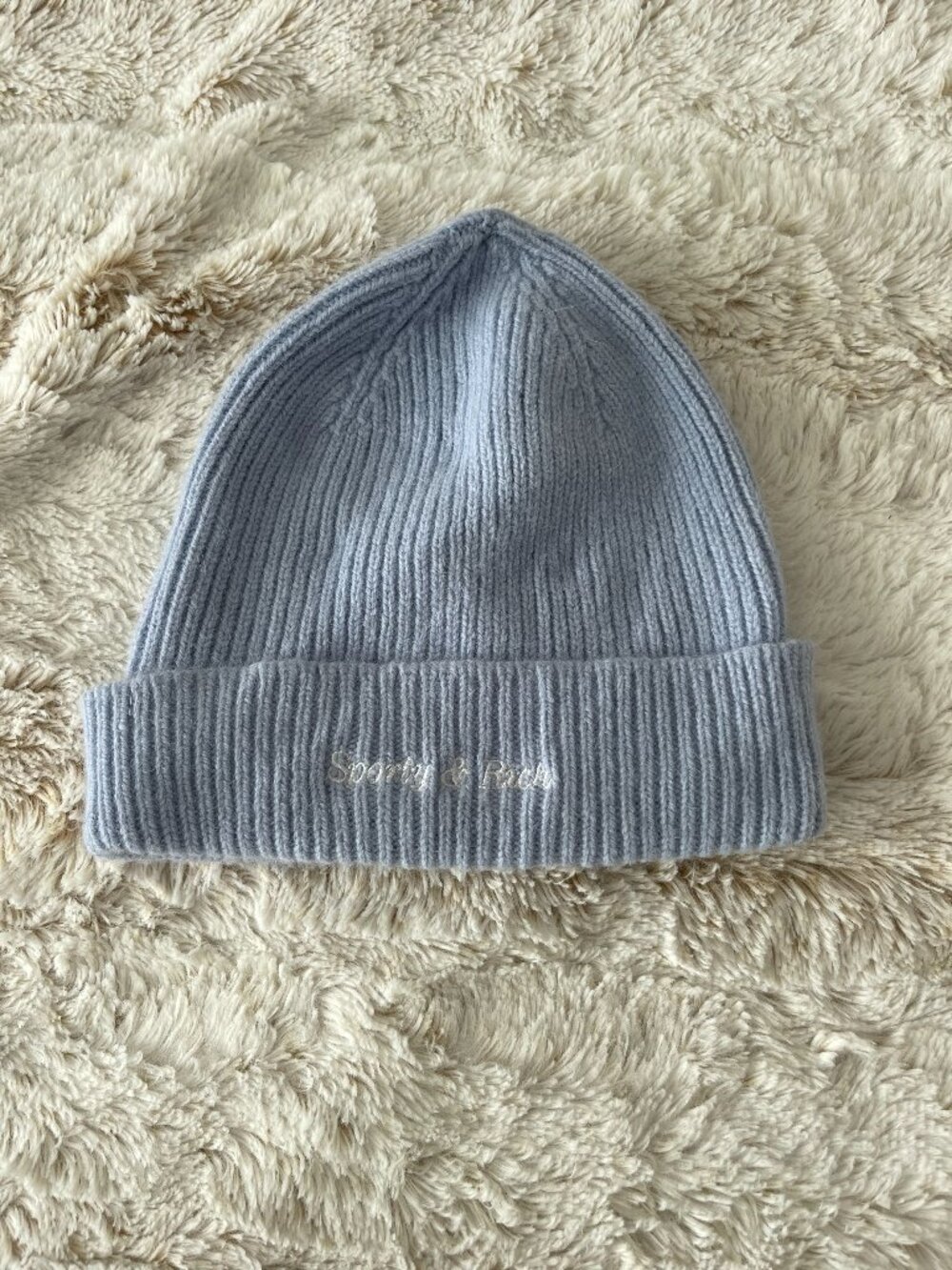 Sporty & Rich Serif Logo Beanie - Baby Blue Wool Angora Knit Hat - OS